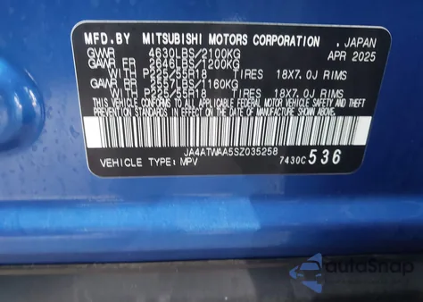 2025 Mitsubishi Eclipse Cross Black Edition S-Awc/Se S-Awc/Sel S-Awc из США, поврежденный, VIN JA4ATWAA5SZ035258